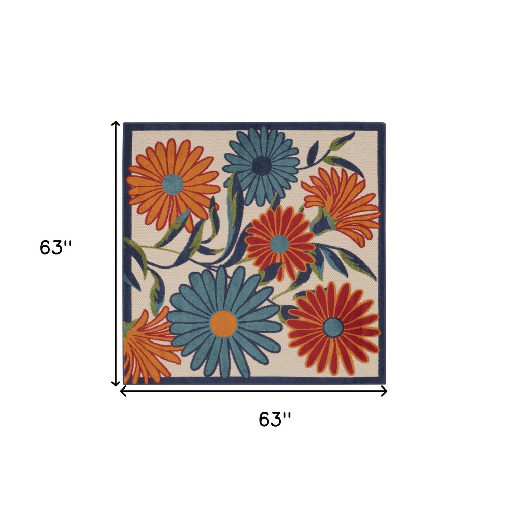5' Ivory Blue And Orange Square Floral Indoor Outdoor Area Rug HomeRoots