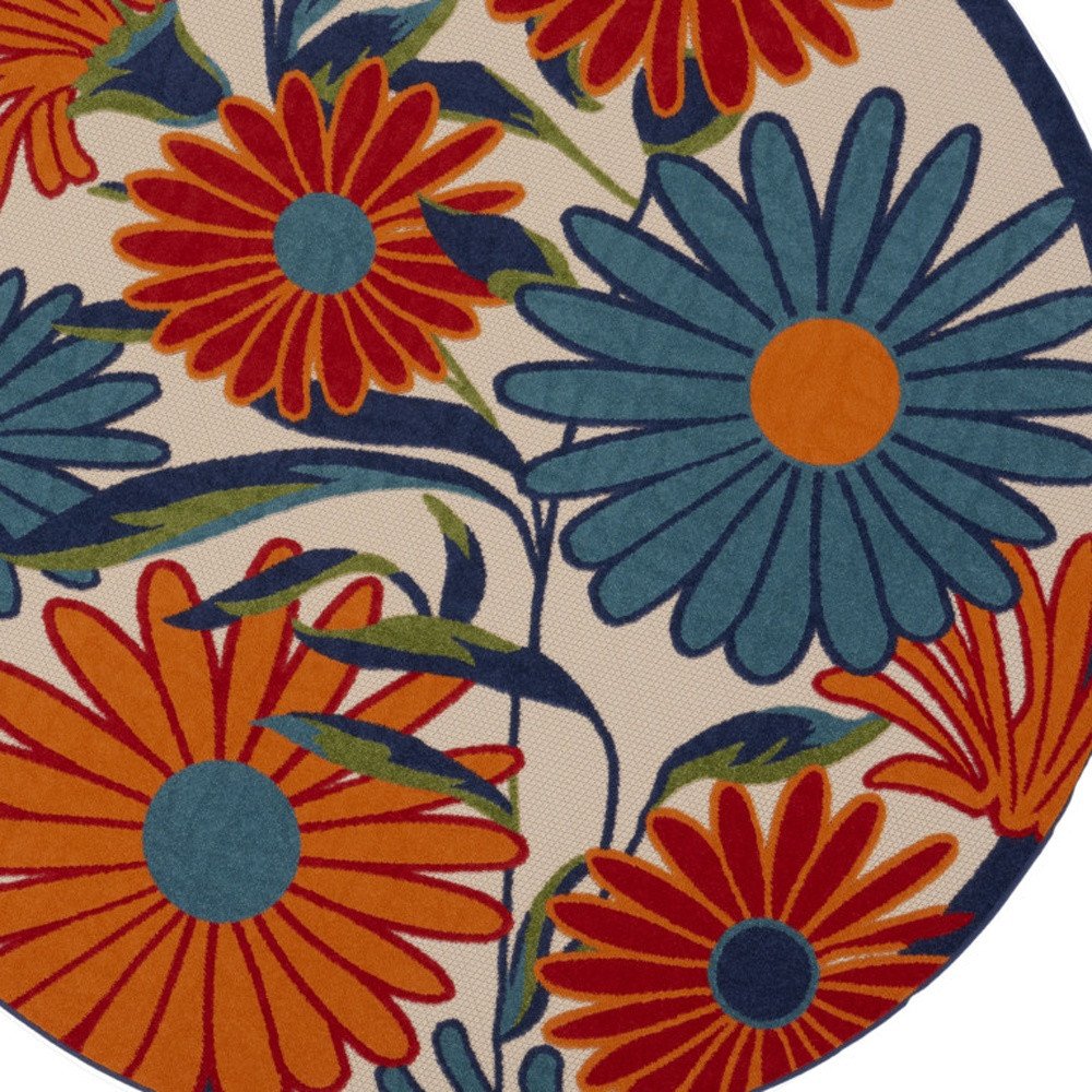 5' Ivory Blue And Orange Round Floral Indoor Outdoor Area Rug — view 13