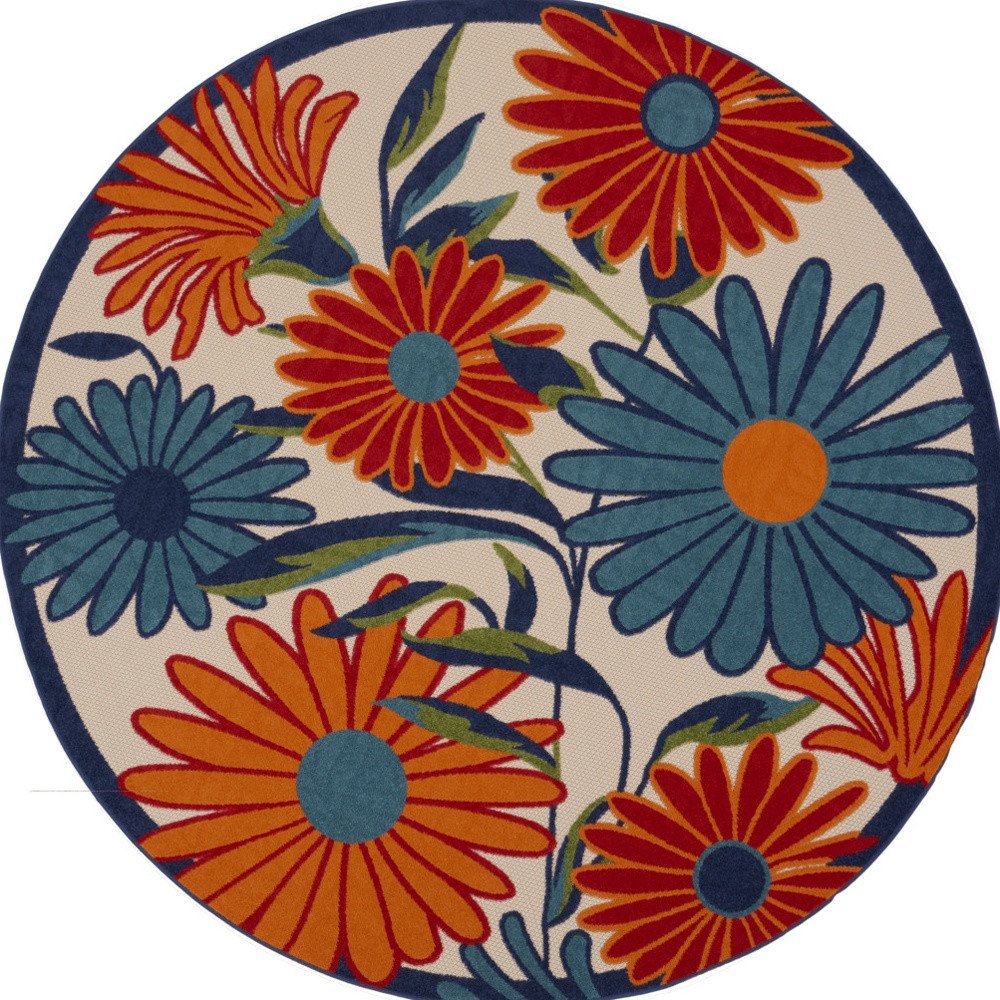 5' Ivory Blue And Orange Round Floral Indoor Outdoor Area Rug HomeRoots