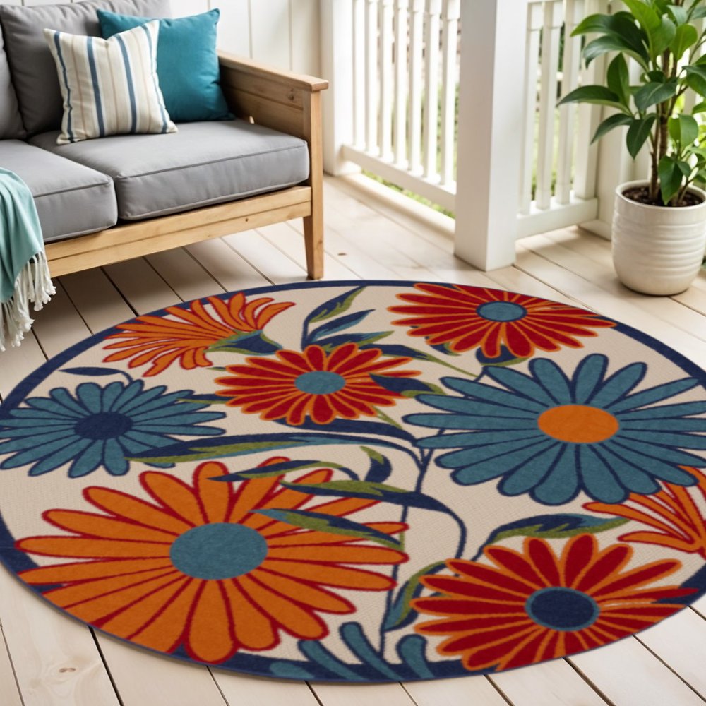 5' Ivory Blue And Orange Round Floral Indoor Outdoor Area Rug HomeRoots