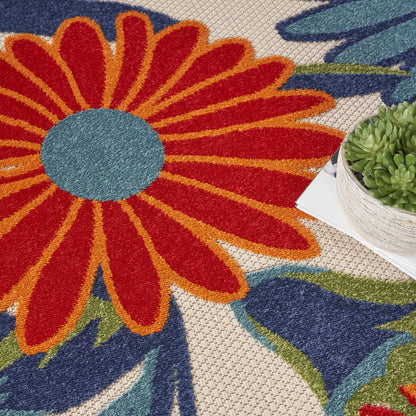 5' Ivory Blue And Orange Round Floral Indoor Outdoor Area Rug HomeRoots