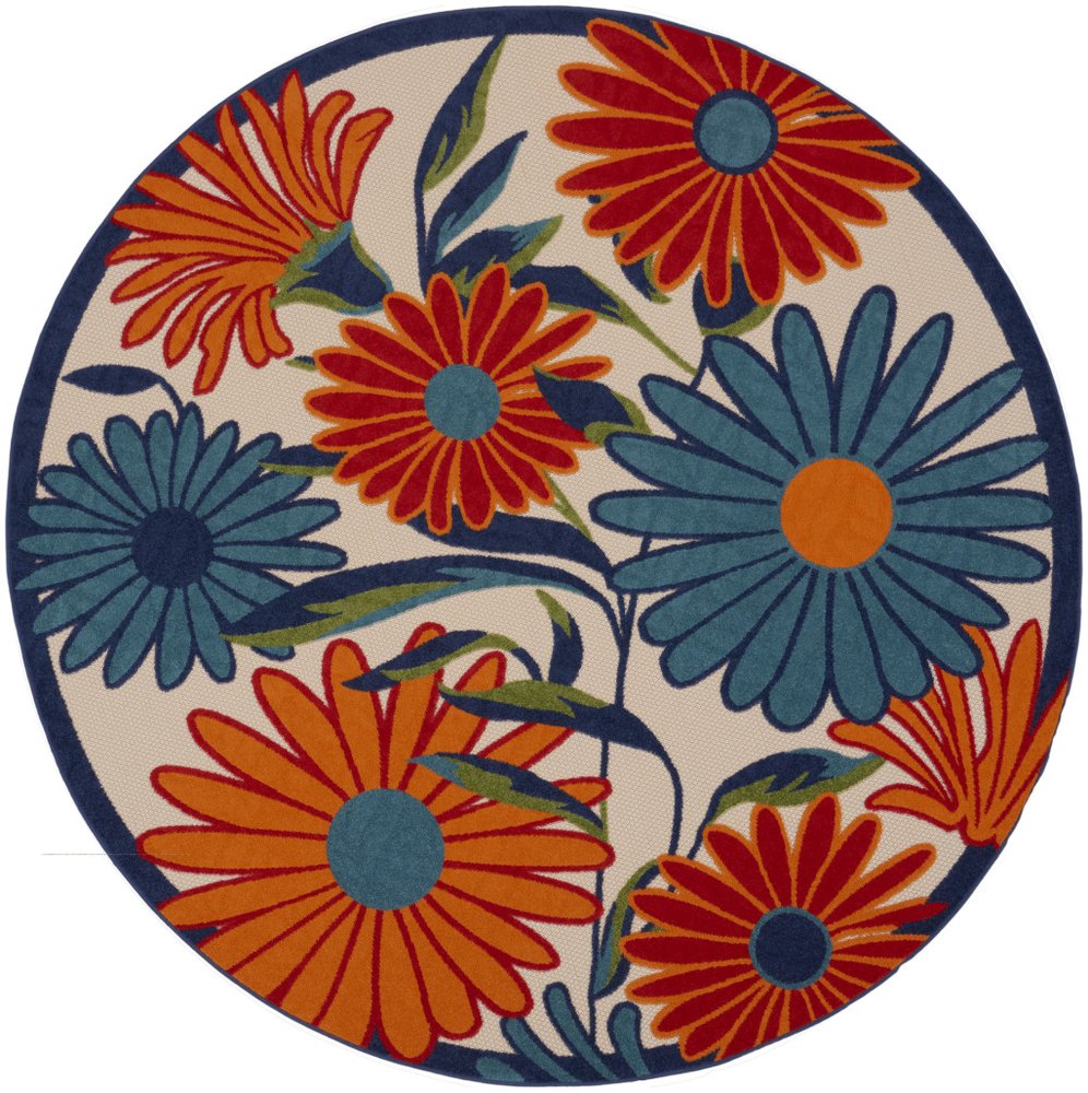5' Ivory Blue And Orange Round Floral Indoor Outdoor Area Rug — view 19