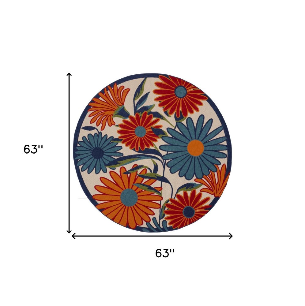 5' Ivory Blue And Orange Round Floral Indoor Outdoor Area Rug — view 1