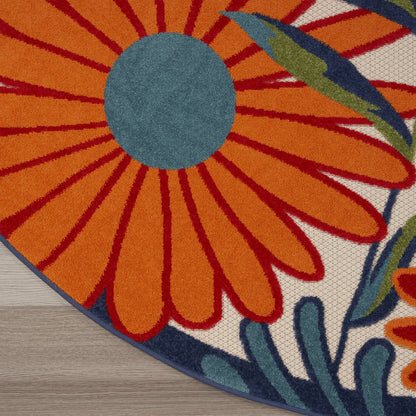 5' Ivory Blue And Orange Round Floral Indoor Outdoor Area Rug HomeRoots