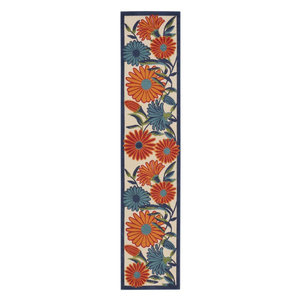 12' Ivory Blue And Orange Floral Indoor Outdoor Runner Rug — view 10