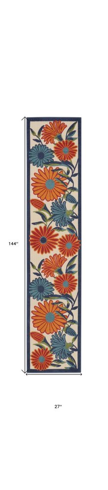 12' Ivory Blue And Orange Floral Indoor Outdoor Runner Rug HomeRoots