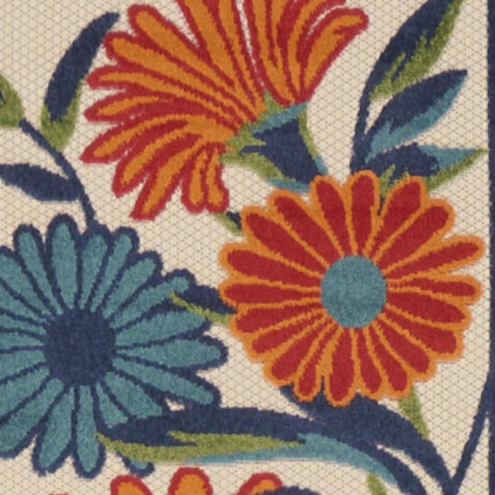 12' Ivory Blue And Orange Floral Indoor Outdoor Runner Rug HomeRoots