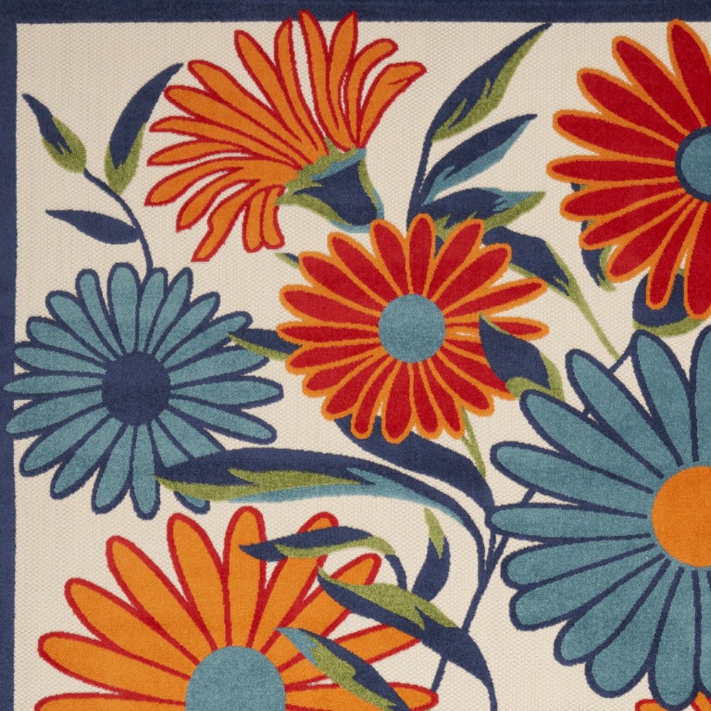 10' X 14' Ivory Blue And Orange Floral Indoor Outdoor Area Rug — view 2