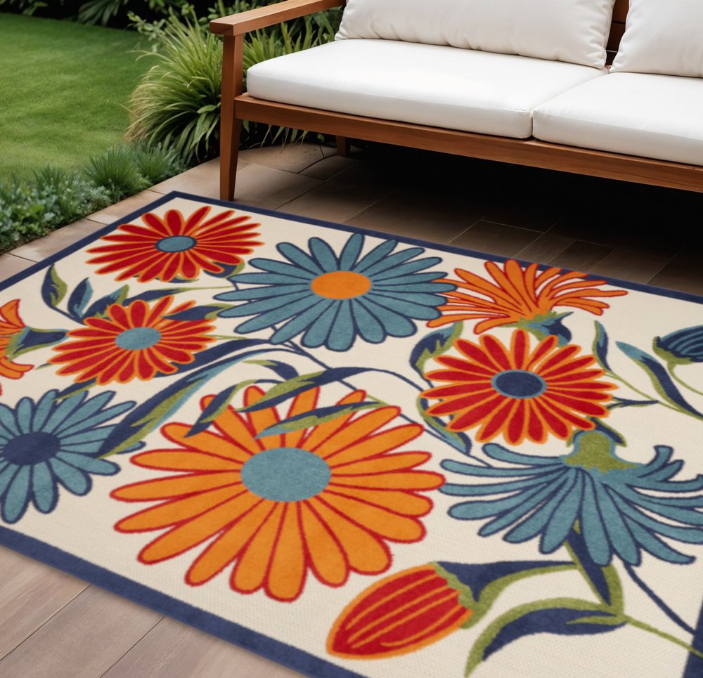 10' X 14' Ivory Blue And Orange Floral Indoor Outdoor Area Rug