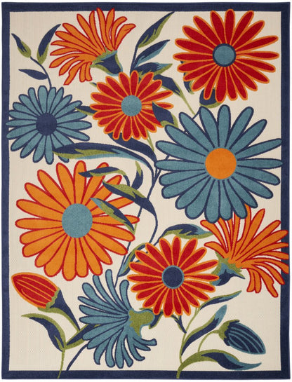 10' X 14' Ivory Blue And Orange Floral Indoor Outdoor Area Rug