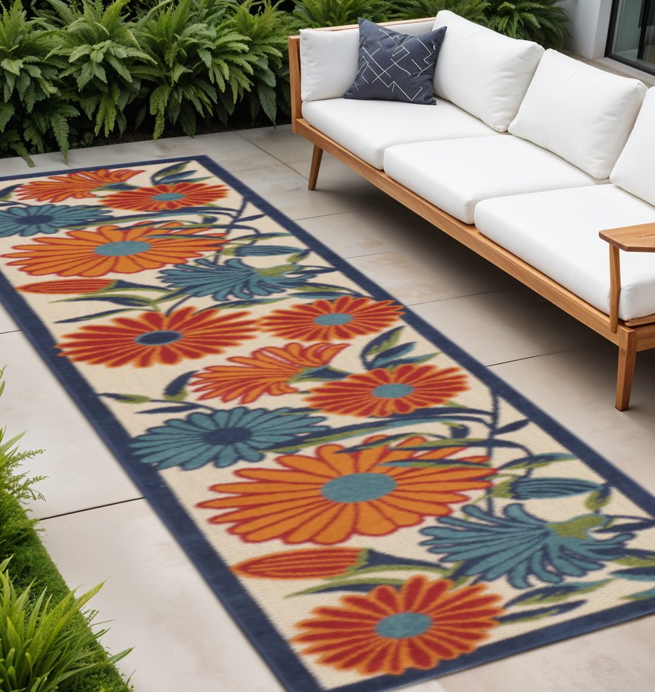 10' Ivory Blue And Orange Floral Indoor Outdoor Runner Rug HomeRoots