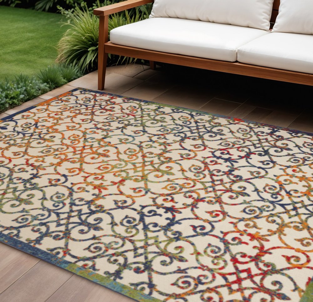 10' X 14' Ivory Blue Orange Green And Red Medallion Indoor Outdoor Area Rug HomeRoots