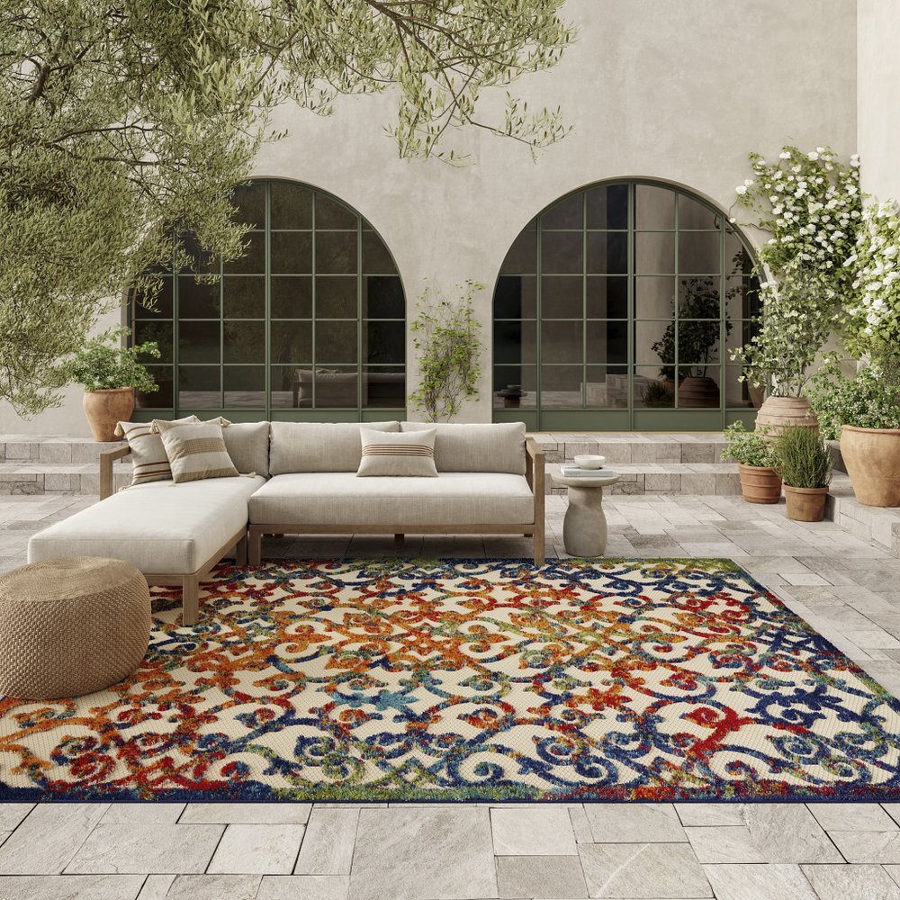 10' X 14' Ivory Blue Orange Green And Red Medallion Indoor Outdoor Area Rug HomeRoots