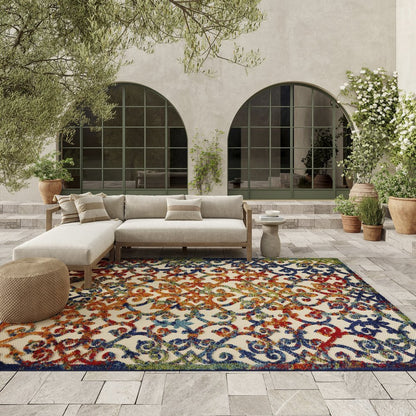 10' X 14' Ivory Blue Orange Green And Red Medallion Indoor Outdoor Area Rug HomeRoots