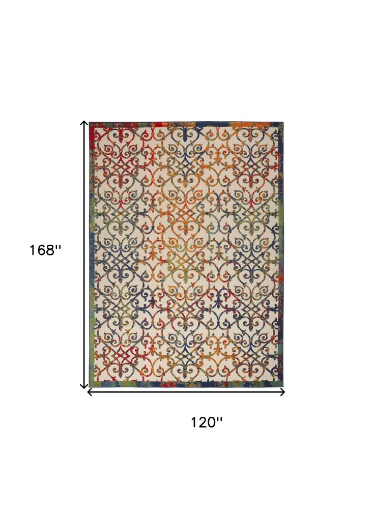 10' X 14' Ivory Blue Orange Green And Red Medallion Indoor Outdoor Area Rug — view 12