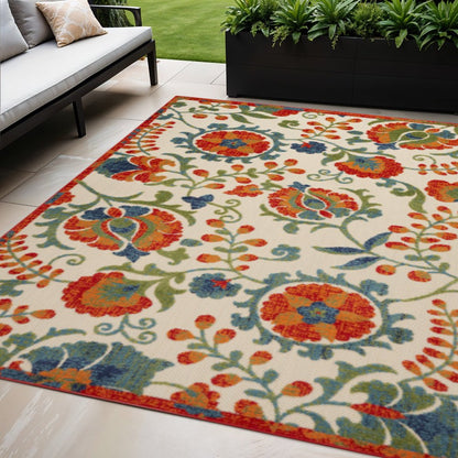 5' X 8' Red Gold Green And Teal Blue Floral Indoor Outdoor Area Rug HomeRoots