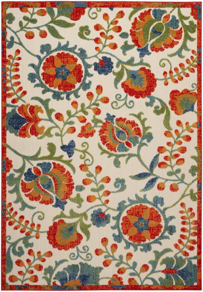 5' X 8' Red Gold Green And Teal Blue Floral Indoor Outdoor Area Rug — view 8