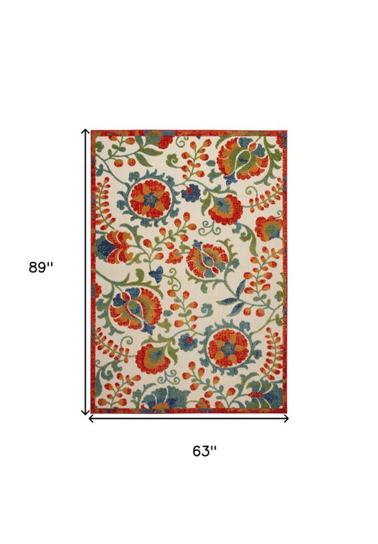 5' X 8' Red Gold Green And Teal Blue Floral Indoor Outdoor Area Rug