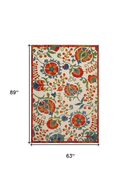 5' X 8' Red Gold Green And Teal Blue Floral Indoor Outdoor Area Rug HomeRoots