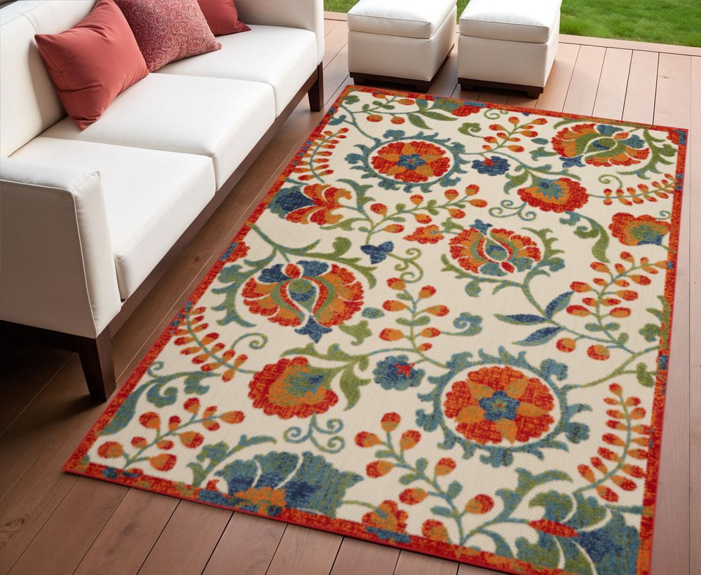 4' X 6' Red Gold Green And Teal Blue Floral Indoor Outdoor Area Rug HomeRoots