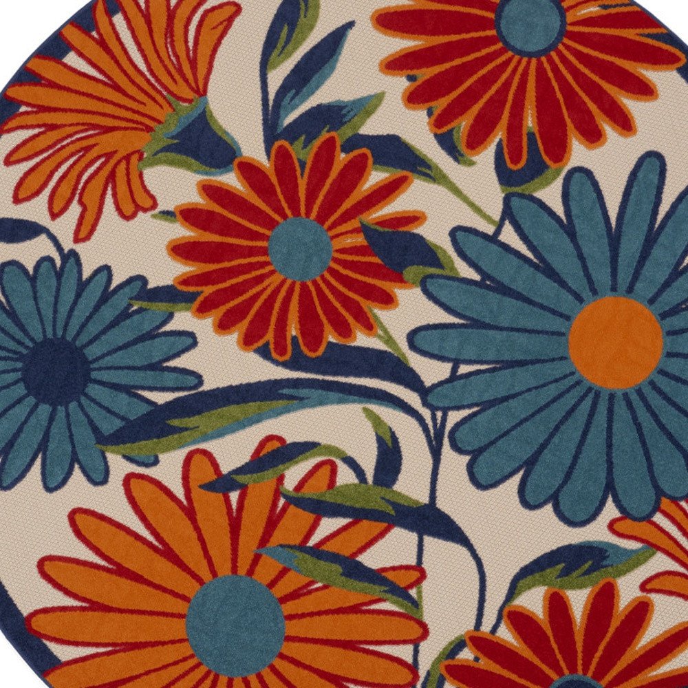 10' Ivory Blue And Orange Round Floral Indoor Outdoor Area Rug HomeRoots