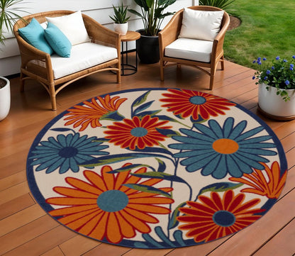 10' Ivory Blue And Orange Round Floral Indoor Outdoor Area Rug HomeRoots
