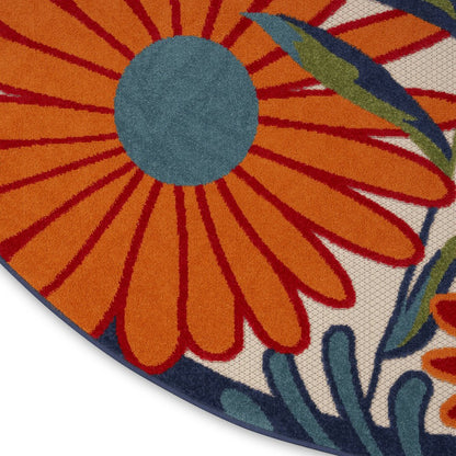 10' Ivory Blue And Orange Round Floral Indoor Outdoor Area Rug HomeRoots