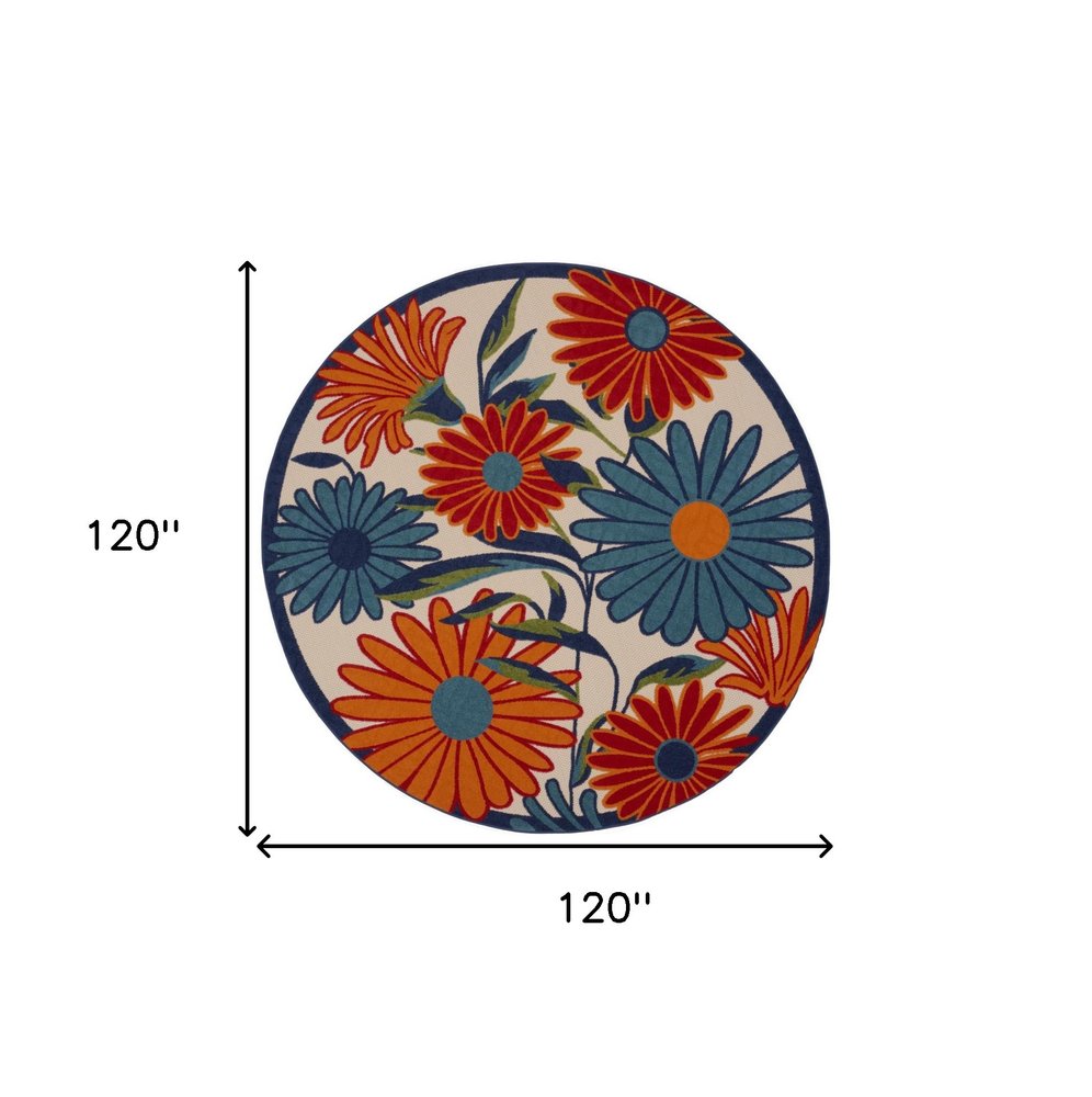 10' Ivory Blue And Orange Round Floral Indoor Outdoor Area Rug — view 1