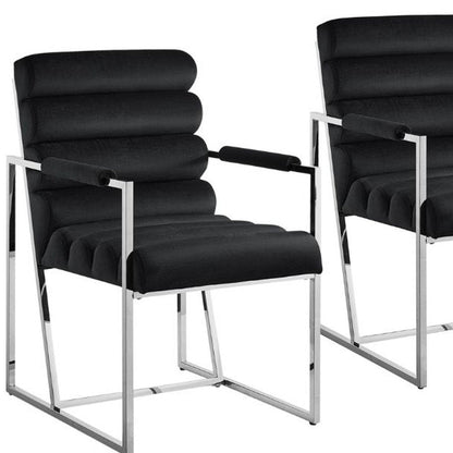 Set of Two Tufted Black And Silver Metallic Upholstered Velvet Dining Arm Chairs HomeRoots