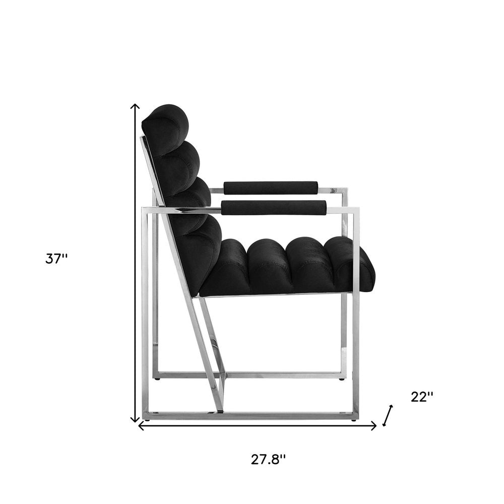 Set of Two Tufted Black And Silver Metallic Upholstered Velvet Dining Arm Chairs HomeRoots