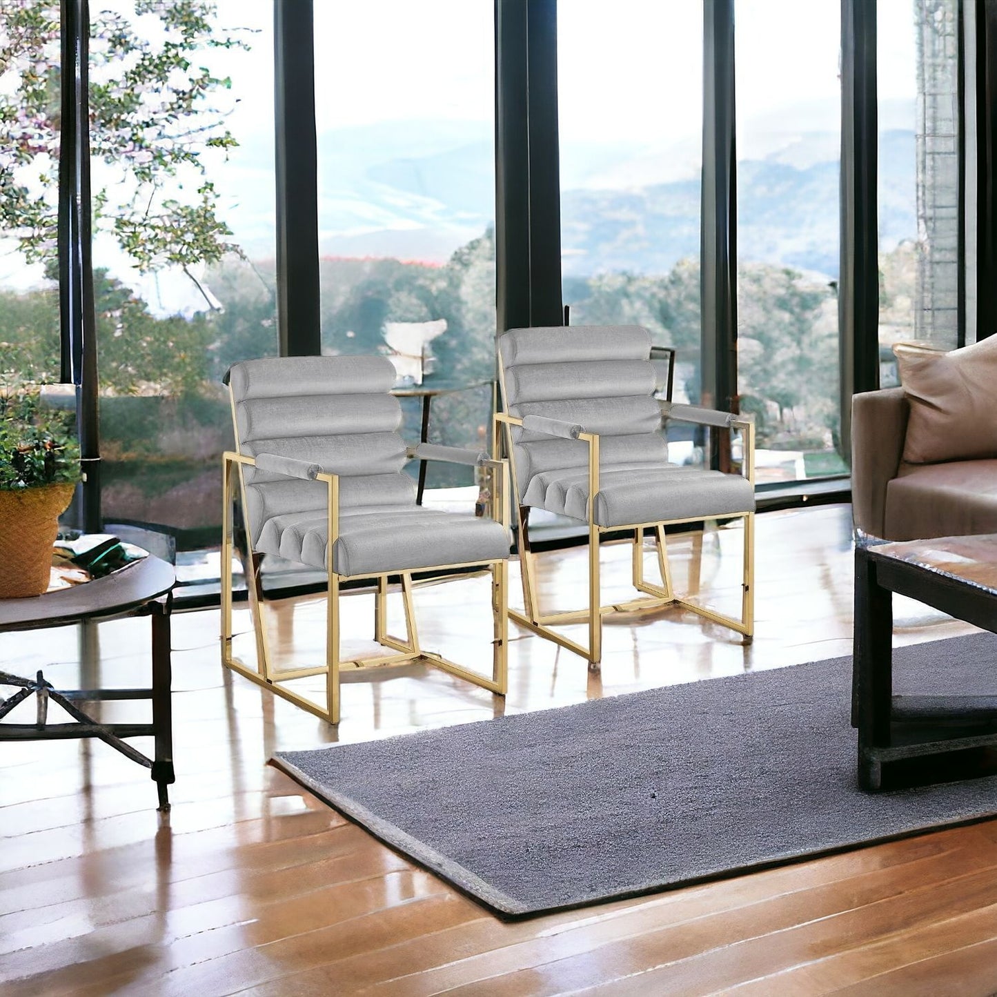 Set of Two Tufted Black And Silver Metallic Upholstered Velvet Dining Arm Chairs