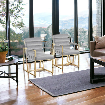 Set of Two Tufted Black And Silver Metallic Upholstered Velvet Dining Arm Chairs