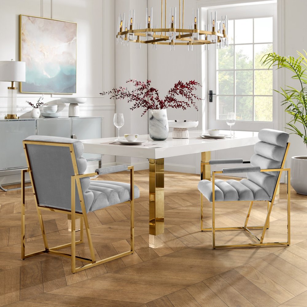 Set of Two Tufted Black And Silver Metallic Upholstered Velvet Dining Arm Chairs HomeRoots