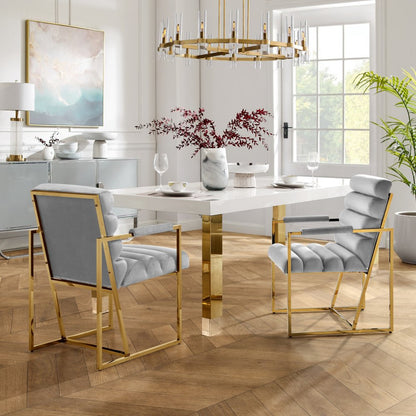 Set of Two Tufted Black And Silver Metallic Upholstered Velvet Dining Arm Chairs HomeRoots