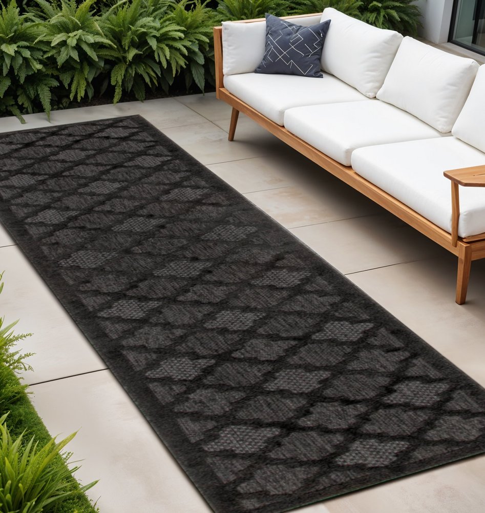 12' Charcoal And Black Trellis Indoor Outdoor Runner Rug HomeRoots