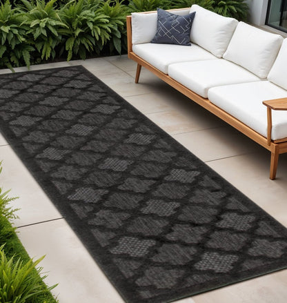 16' Charcoal And Black Trellis Indoor Outdoor Runner Rug HomeRoots