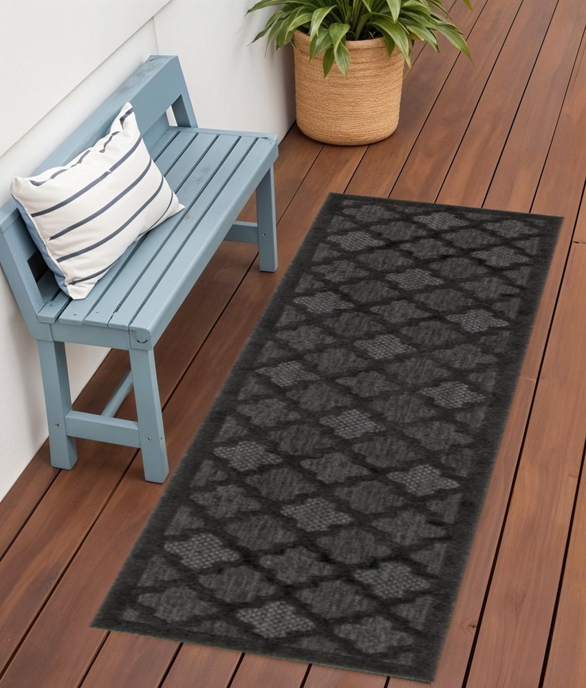 6' Charcoal And Black Trellis Indoor Outdoor Runner Rug HomeRoots