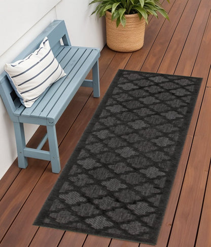 6' Charcoal And Black Trellis Indoor Outdoor Runner Rug HomeRoots