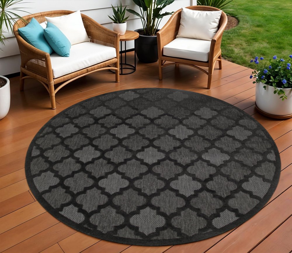 8' Charcoal And Black Round Trellis Indoor Outdoor Area Rug HomeRoots