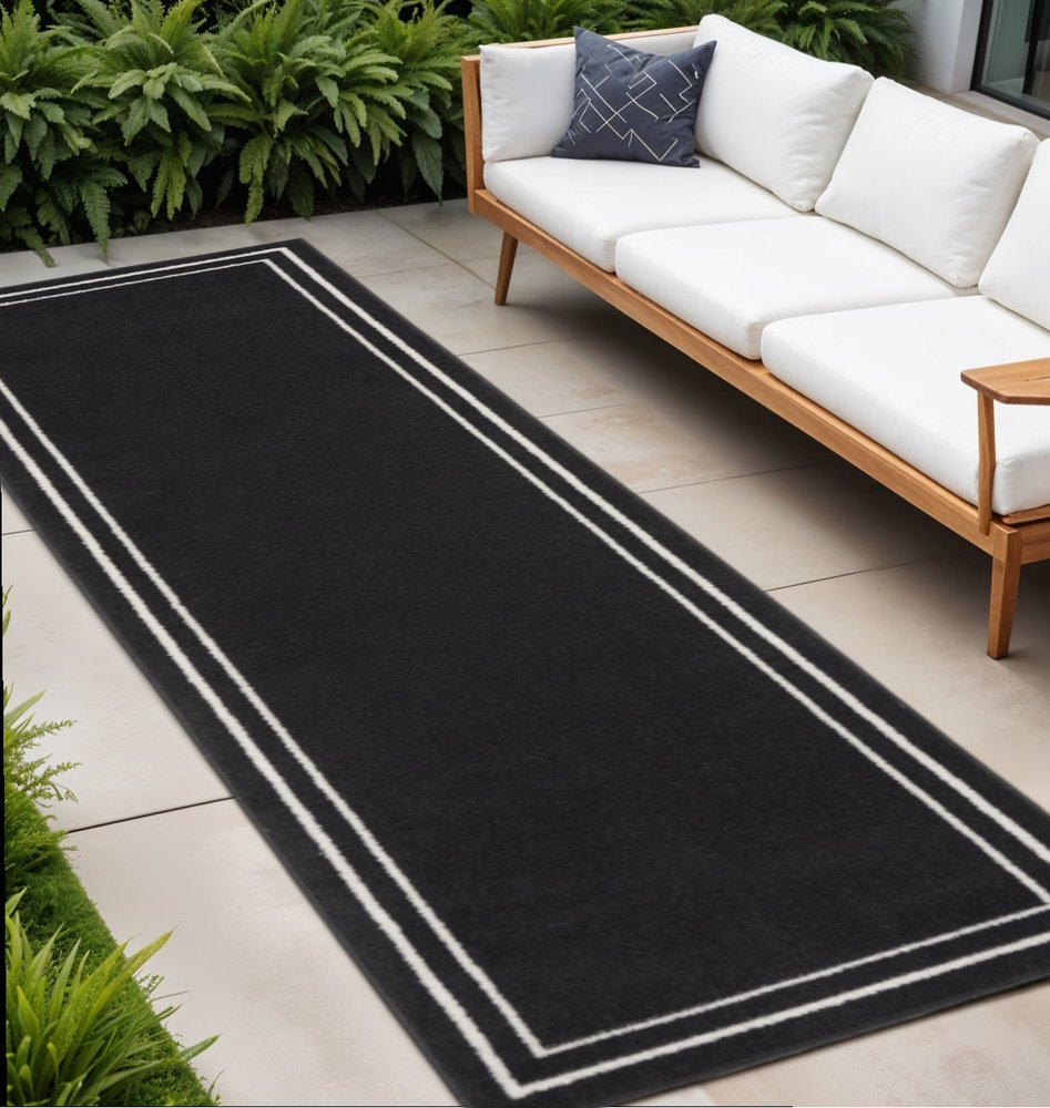8' Black And Ivory Indoor Outdoor Runner Rug — view 3