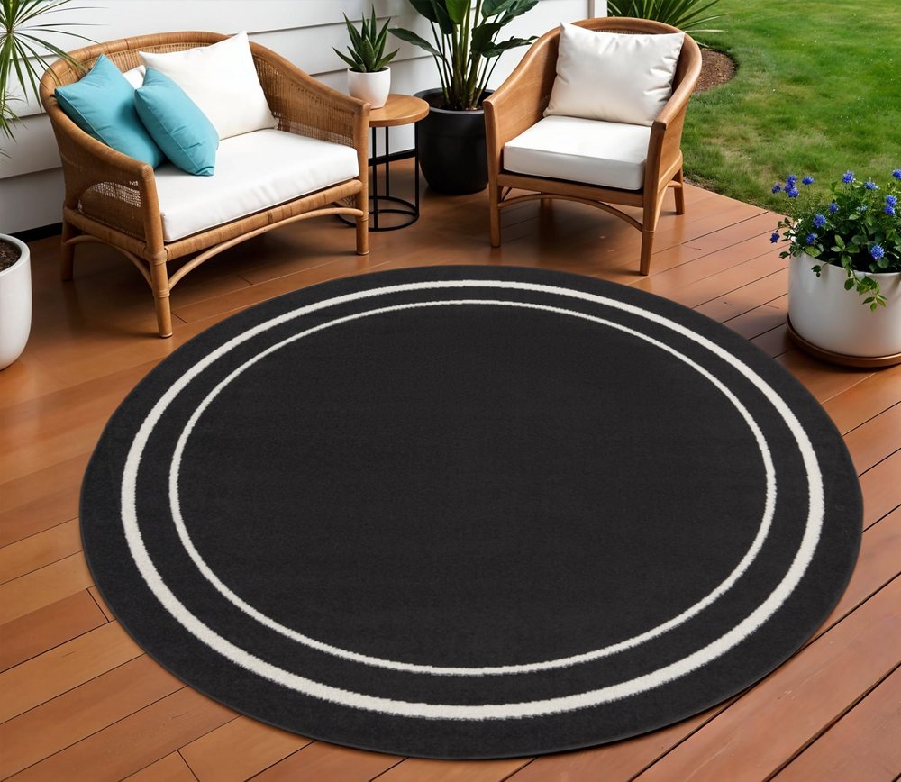 8' Black And Ivory Round Indoor Outdoor Area Rug HomeRoots