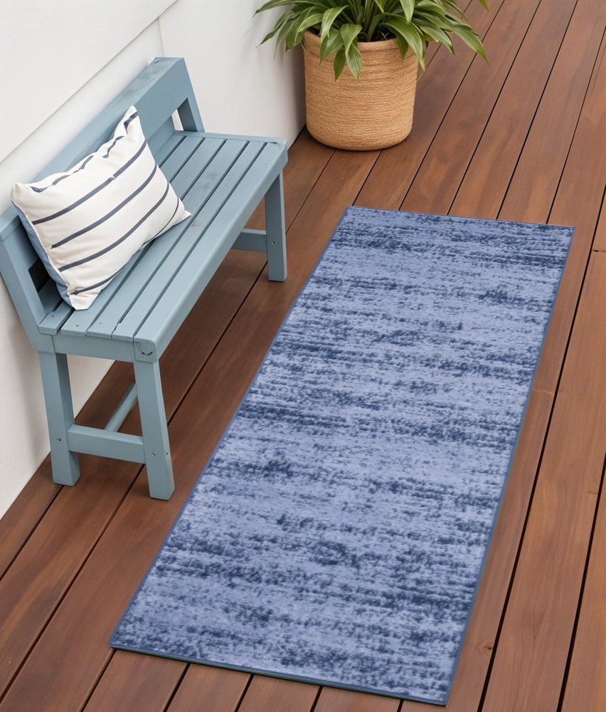 6' Denim Blue And Navy Blue Abstract Indoor Outdoor Runner Rug — view 3