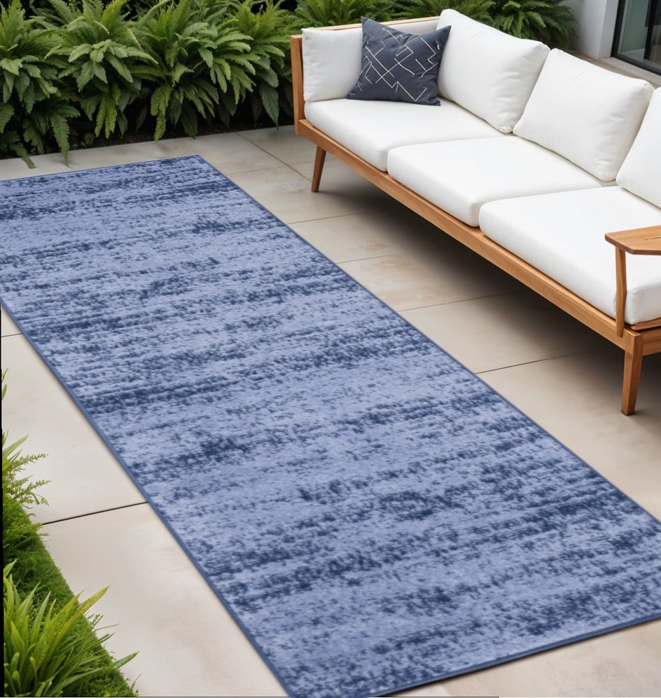 8' Denim Blue And Navy Blue Abstract Indoor Outdoor Runner Rug — view 3