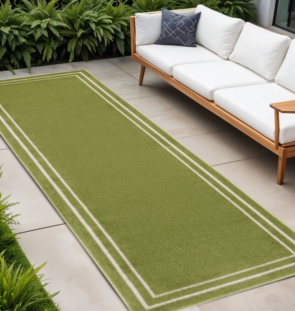 8' Green And Ivory Indoor Outdoor Runner Rug — view 3