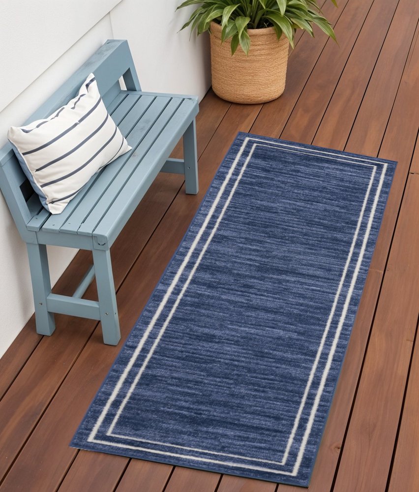 6' Navy Blue And Ivory Indoor Outdoor Runner Rug HomeRoots