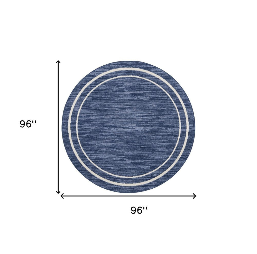 8' Navy Blue And Ivory Round Indoor Outdoor Area Rug — view 1