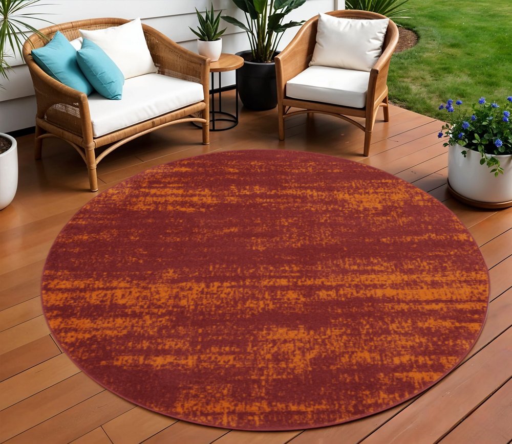 8' Red And Orange Round Abstract Indoor Outdoor Area Rug — view 4