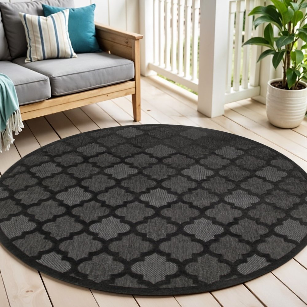 4' Charcoal And Black Round Trellis Indoor Outdoor Area Rug — view 2