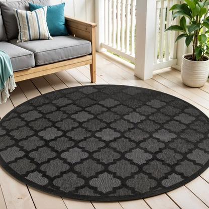 4' Charcoal And Black Round Trellis Indoor Outdoor Area Rug HomeRoots