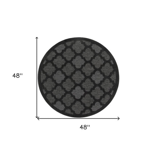 4' Charcoal And Black Round Trellis Indoor Outdoor Area Rug
